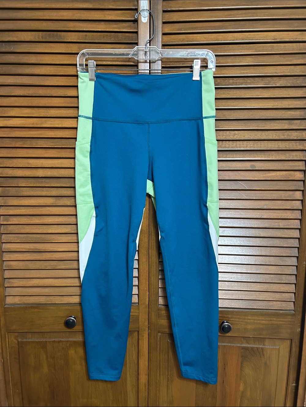 Ideology Teal Colorblock Leggings Mint Green & White Panels Side Pockets Size M